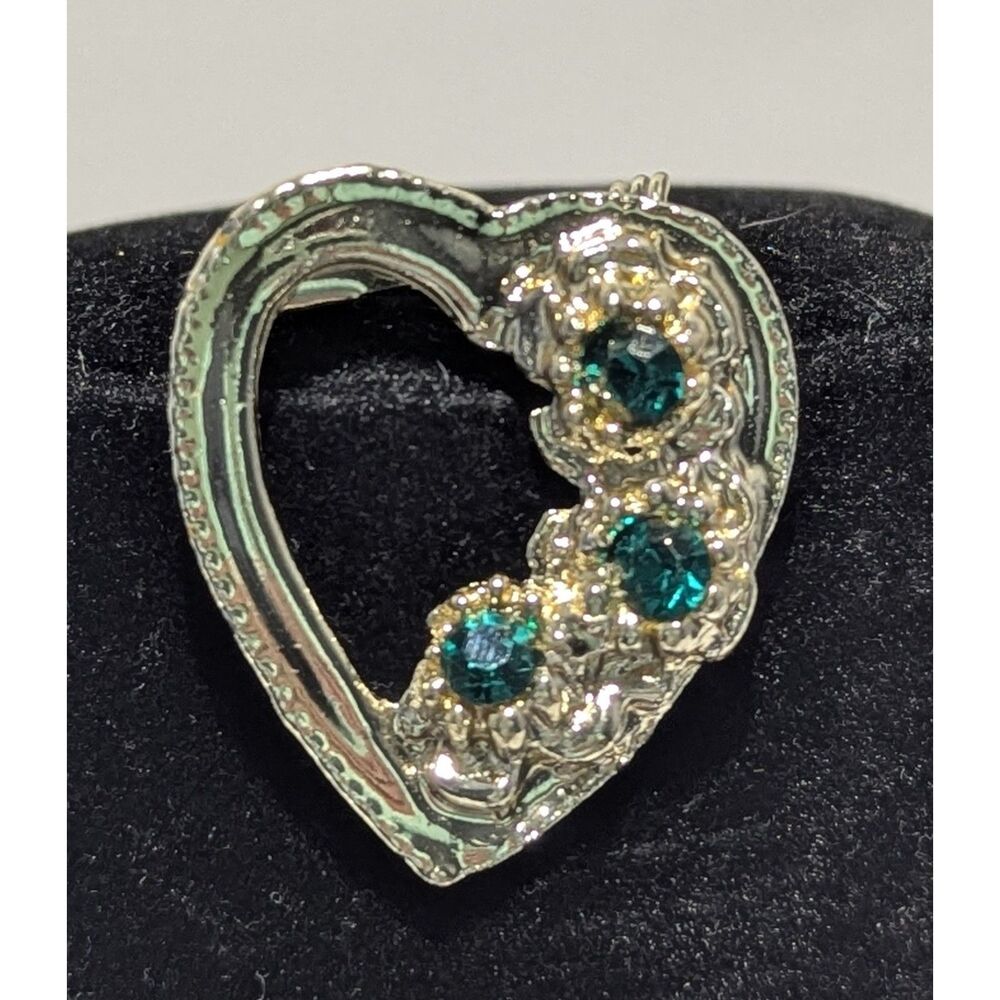 Open Heart Brooch Three Green Rhinestones